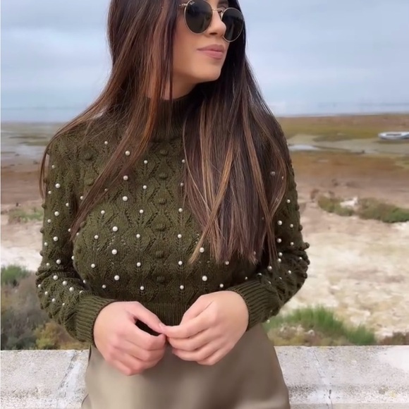 Zara GREEN OPEN BACK KNIT SWEATER WITH PEARLS - Picture 8 of 11